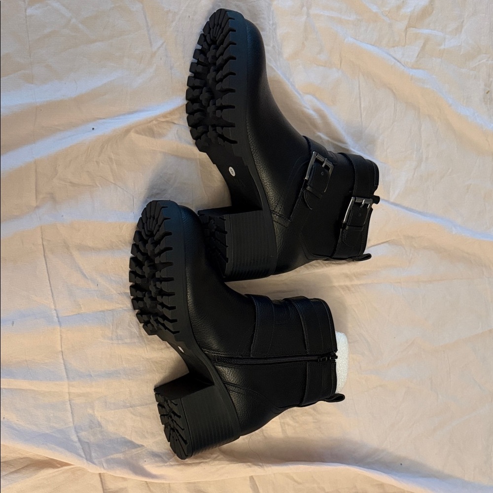 MIA Black Buckle Lug Sole Ankle Booties